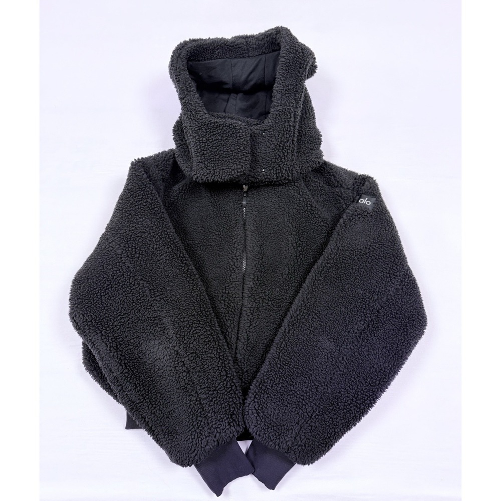 Alo Foxy Teddy Plush Sherpa Jacket Womens Medium Black Hooded Sportswear Workout - Picture 3 of 13